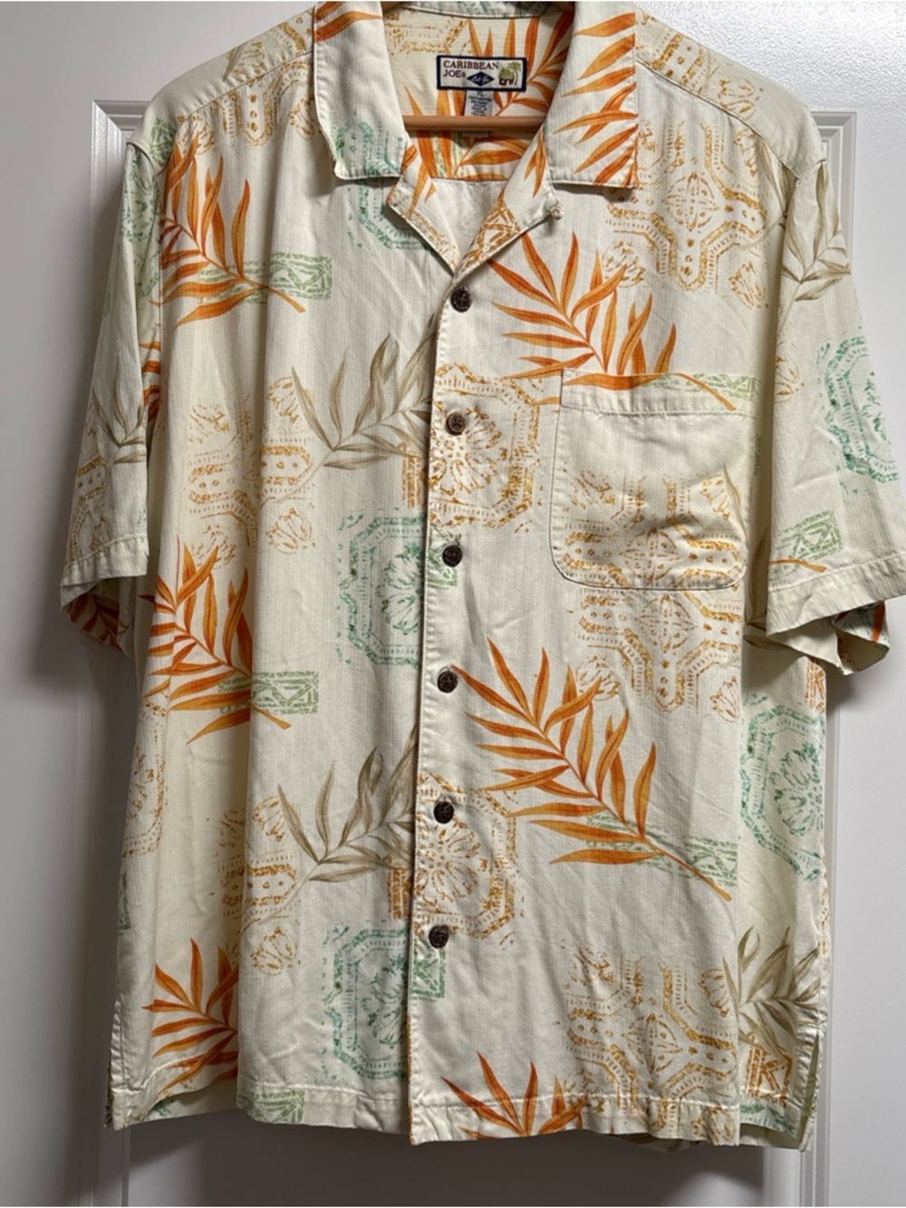 Caribbean Joe Cream Short-Sleeve Button-Down Shirt with Orange Leaf Print XL
